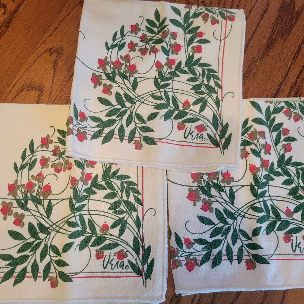 Vera Neumann Vintage Linen (?) Napkins (3) ~ Red Flowers Green Foliage ~ Pretty!